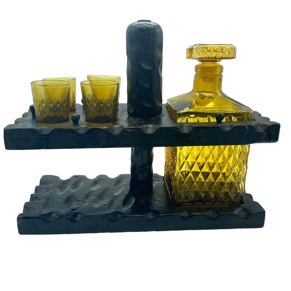 Vintage Mid=Century Amber Diamond‎ cut Decanter and Glasses Dark Wood Caddy